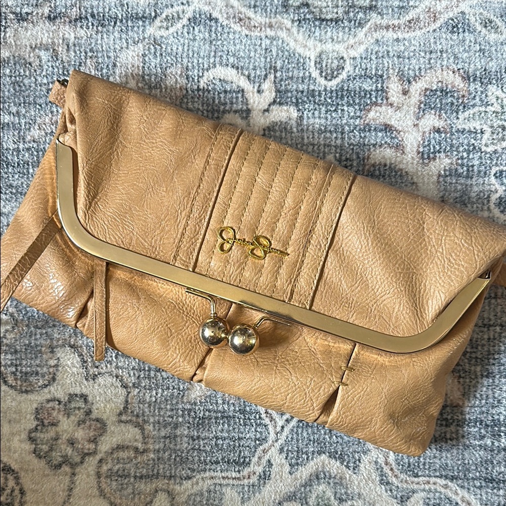 Tan Leather Clutch with Gold Accents